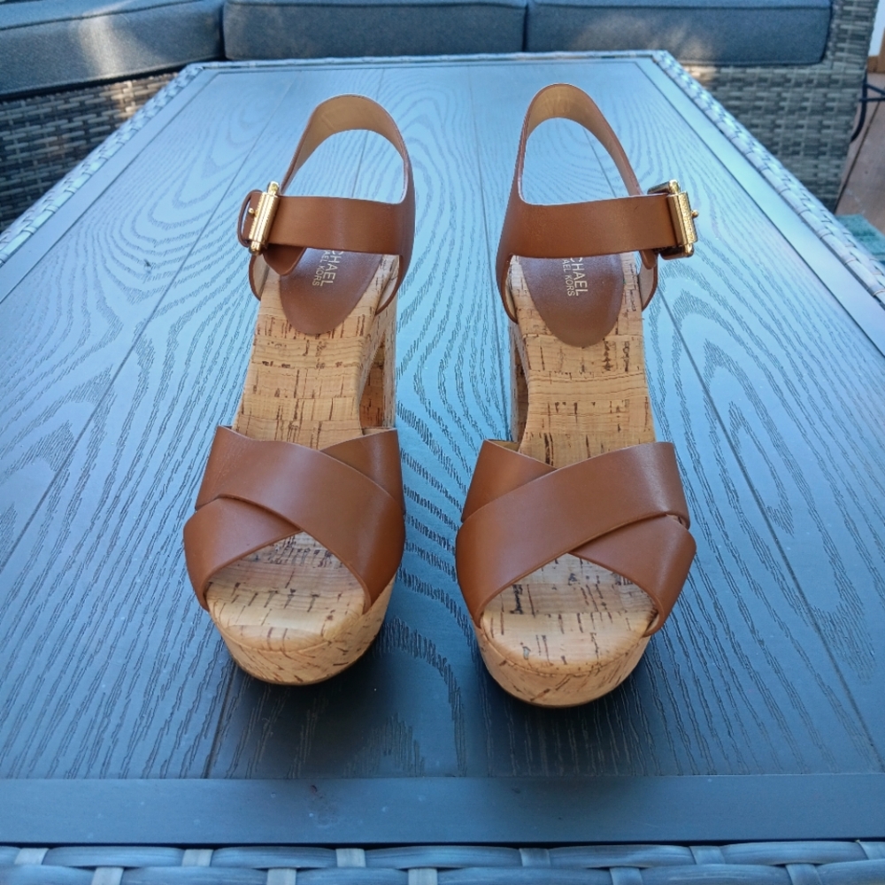 Michael Kors Tan Leather Wedge Sandals